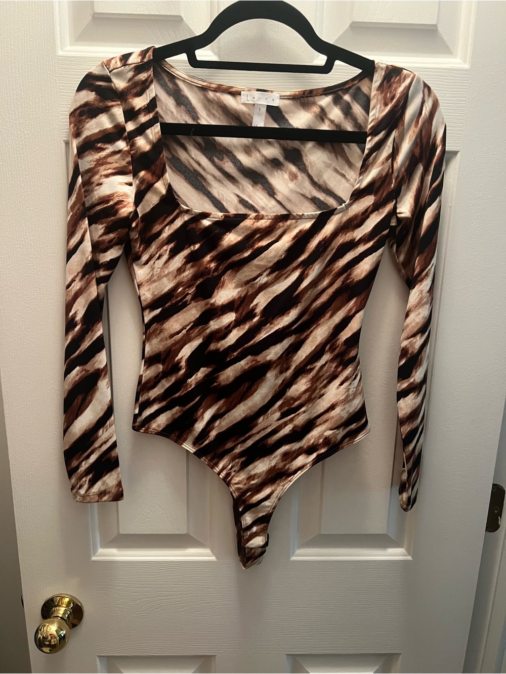 Leith Brown & Cream Animal-Print Long Sleeve Bodysuit